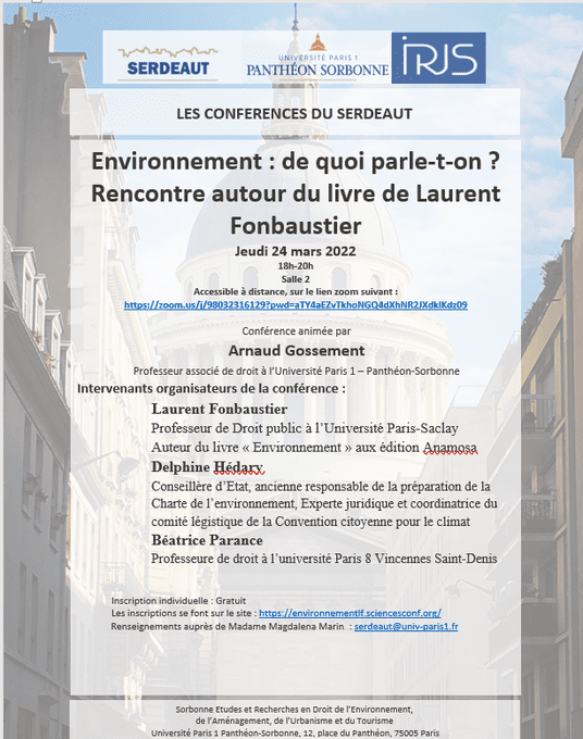 24 mars 2022 : « Environnement : de quoi parle-t-on ? » Conférence  Serdeaut à l’université Paris I