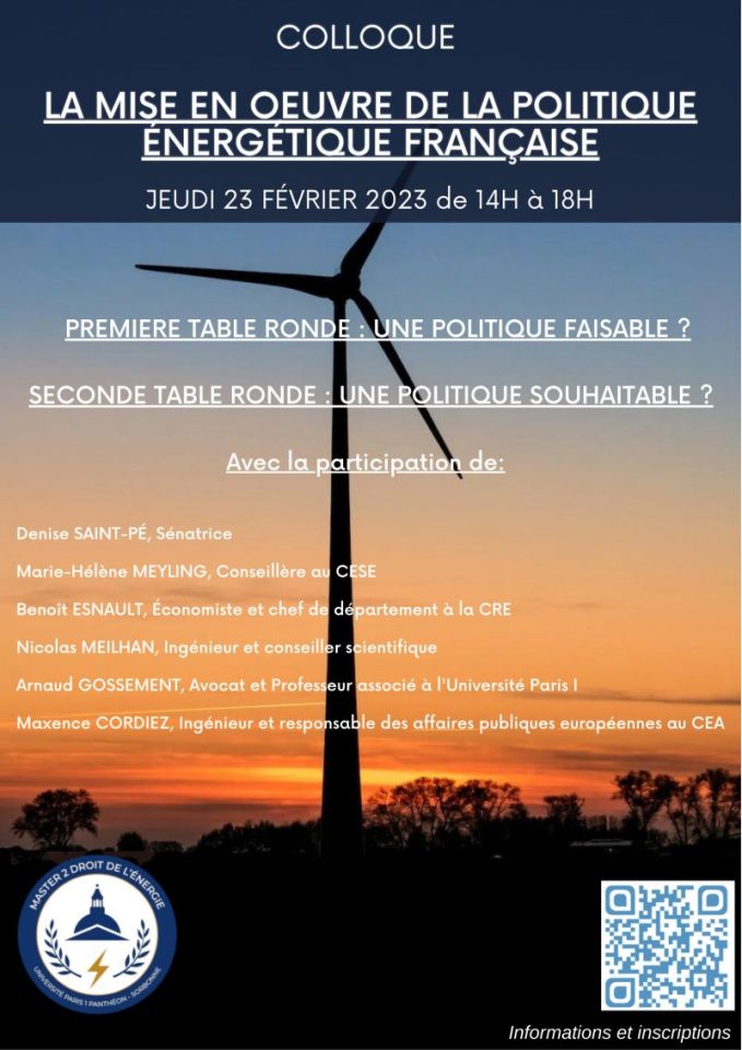 [colloque] 23 février 2023 : « La mise en oeuvre de la politique énergétique française », colloque organisé par l’association des étudiants du Master 2 Droit de l’énergie de l’Université Paris I