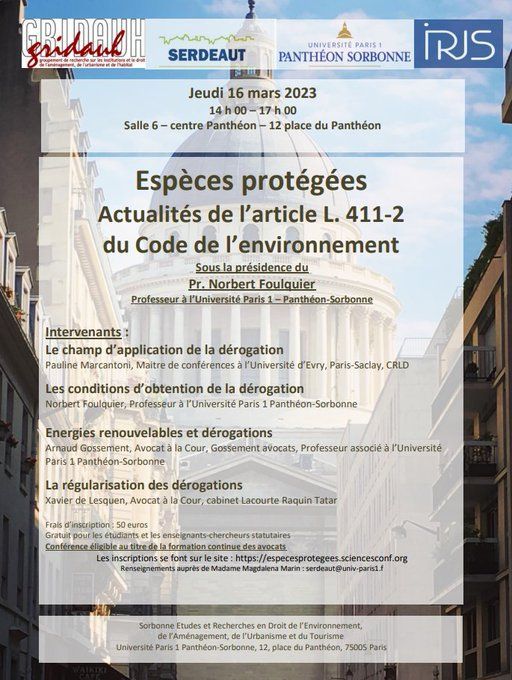 Dérogations espèces protégées : conférence du GRIDAUH le 16 mars 2023, à l’université Paris I Panthéon-Sorbonne