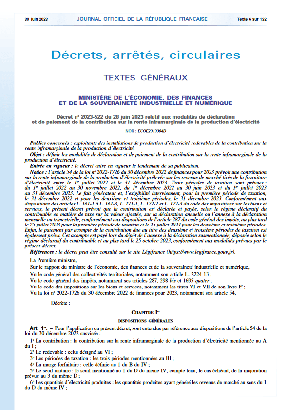 [Veille] Energie : publication du décret n°2023-522 du 28 juin 2023 relatif aux modalités de déclaration et de paiement de la contribution sur la rente inframarginale de la production d’électricité