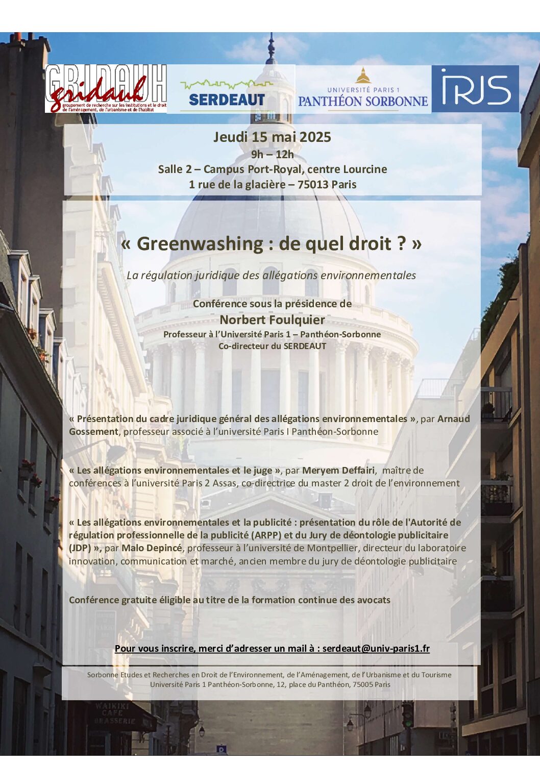 [colloque] 15 mai 2025 : « Greenwashing : la régulation juridique des allégations environnementales » Université Paris I (centre Lourcine)