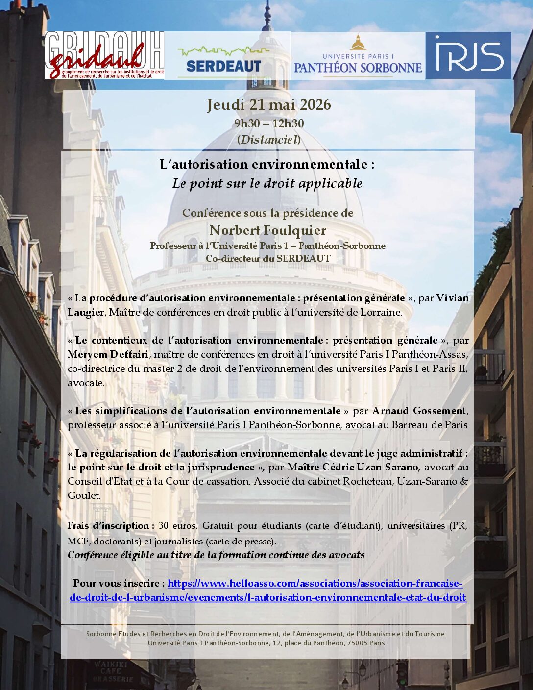 📢[webinaire] « L&rsquo;autorisation environnementale : le point sur le droit applicable », matinale SERDEAUT Paris I le jeudi 21 mai 2026